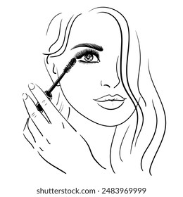 Beautiful woman paints her eyelashes. Stock vector illustration.