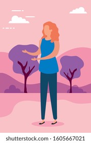 beautiful woman in park nature characters vector illustration design