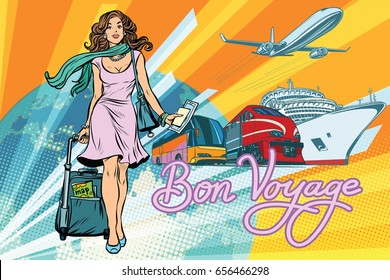 Beautiful woman passenger tourist bus train cruise ship and plane. Pop art retro vector illustration