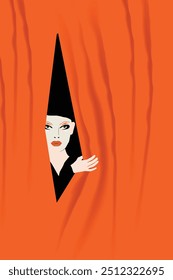 A beautiful woman peeks from behind an orange curtain.