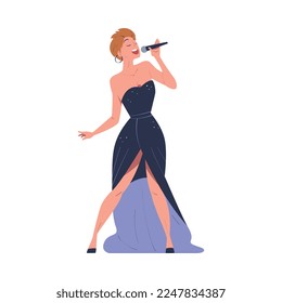 Beautiful woman performing with microphone. Woman singer in evening dress singing song cartoon vector illustration