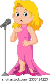 Beautiful woman performing with microphone. Woman singer in evening dress singing song cartoon of illustration