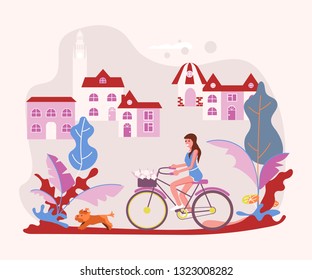 Beautiful woman pet owner on bicycle with her dog on a walk. Flat Art Vector illustration