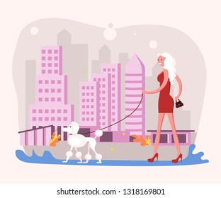 Beautiful woman pet owner plays with her dog on a walk in city park. Flat Art Vector illustration