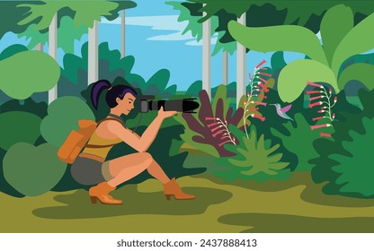 Beautiful Woman Photographer Capturing a Bird in a Garden