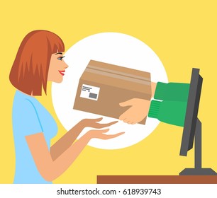  Beautiful woman pick up a present of  hands from computer monitor.  vector illustration concept for gift delivery service, e-commerce, online shopping, receiving package from courier to customer.