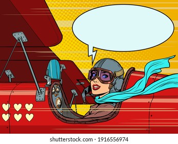 Beautiful woman pilot in love plane. Valentines Day. Pop art retro vector illustration vintage kitsch 50s 60s style