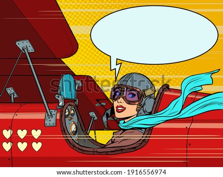 Beautiful woman pilot in love plane. Valentines Day. Pop art retro vector illustration vintage kitsch 50s 60s style