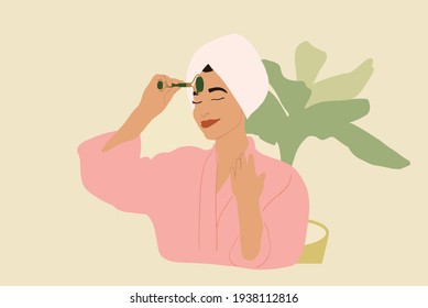 Beautiful woman in pink bathrobe with facial massage roller doing anti-age massage. Beauty routine and wellness. Vector illustration