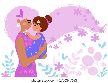 Beautiful woman in a pink dress with her daughter. Mother's Day card. Vector flat style illustration. Happy family concept. Spring and summer