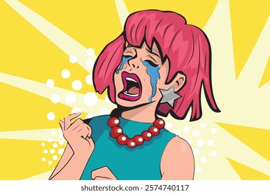 beautiful woman with pink hair in crisis crying in pop art style, sadness and despair. vector illustration.