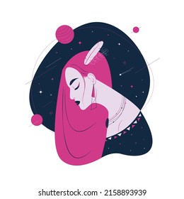 Beautiful woman with pink hair in ethnic clothes on the background of the starry sky vector illustration. Stylish girl with feathers in her hair flat style design.