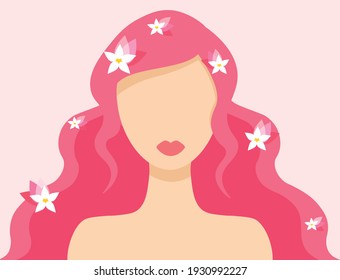 A beautiful woman with pink hair and flowers. 8 March international women's day, mother's day or any other women concept background. Vector design element for multiple uses. Hair dresser, hair care.