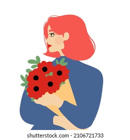 A beautiful woman with pink hair holds a bouquet of spring flowers. Vector concept of pastel colors for Mother's Day, Valentine's Day, Women's Day on March 8.