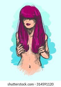 Beautiful woman with pink hair, vector.