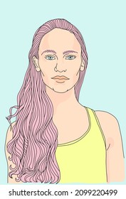 Beautiful Woman With Pink Long Curly Hair Line Drawing - Fashion And Beauty Flat Style Vector Portrait Illustration