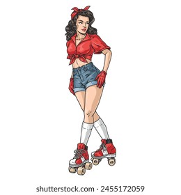 Hermosa mujer pin-up pegatina colorida con patinaje sobre ruedas dama en falda corta y camisa atada Ilustración vectorial