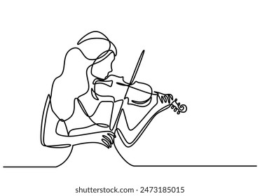 Hermosa mujer tocar violín dibujo de línea continua. Concepto de orquesta musical. Ilustración vectorial diseño minimalista dibujado a mano.