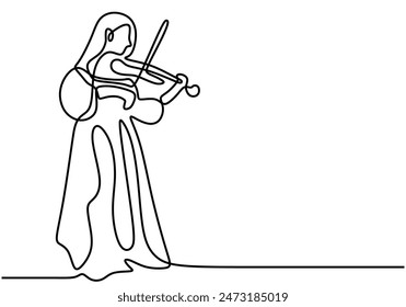Beautiful woman play violin continuous line drawing. Music orchestra concept. Vector illustration minimalist design hand drawn.