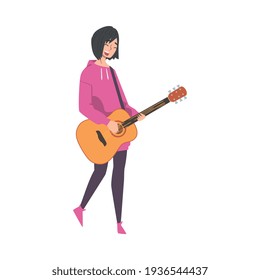 Beautiful Woman Playing Acoustic Guitar, Girl Musician Playing Strings at Musical Performance Cartoon Style Vector Illustration