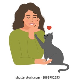 Beautiful woman playing with her cute cat. Happy pet owner. Vector illustration. Flat design.