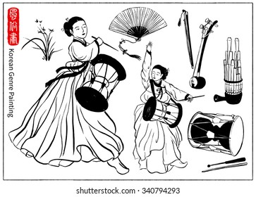 Beautiful woman playing the janggu and wearing 'Hanbok'(Traditional dress). Korean traditional instruments. Hand drawn vector illustration.