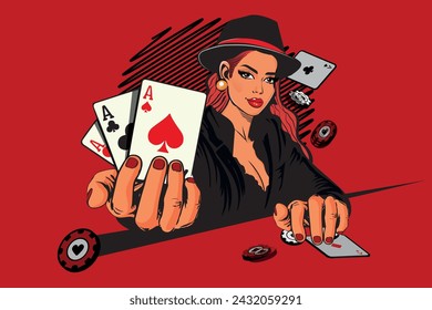 beautiful woman playing poker, Poker player showing cards, on red background. vector illustration