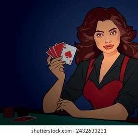 beautiful woman playing poker, Poker player showing cards, on blue background. vector illustration 