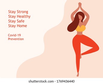 Beautiful woman playing yoga for strong and healthy to prevent covid-19 coronavirus disease outbreak. Covid-19 prevention concept background