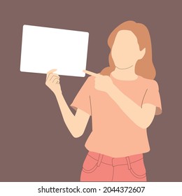  Beautiful woman pointing at blank white sign. Vector illustration concept for writing promotions, notices and campaigns.
