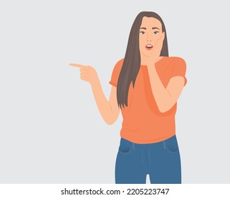 Beautiful woman pointing her finger at the news or inviting to make a purchase. Promotional concept vector illustration.