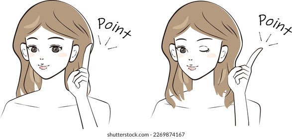 A beautiful woman pointing with her index finger (upper body)