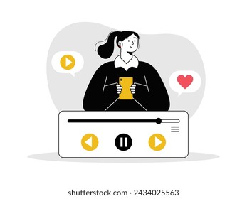 Beautiful woman with ponytail is listening to a podcast on her smartphone, black and white style. Character design. Vector flat illustration