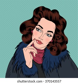 Beautiful Woman in Pop Art Comics Style. Dreaming about something. Vector illustration
