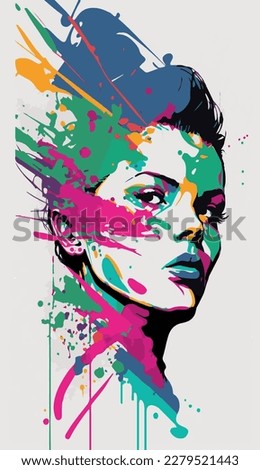 Beautiful woman pop art poster. Vector style portrait of beauty and creative girl. Paint splatter. Grunge artwork. Modern graphic design. Concept drawing of strong powerful and resourceful gril. 