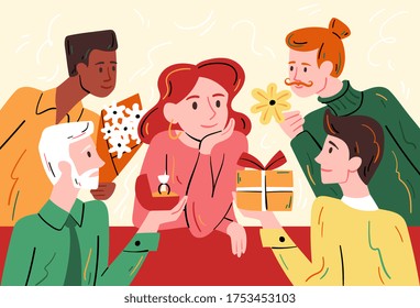 Beautiful woman popular amongst the men seated at a table surrounded by diverse suitors with gifts and an engagement ring, colored vector illustration