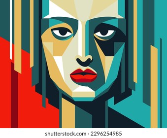 Beautiful woman portrait in 1920s Art Deco simple shapes style in abstract angular geometric decoration