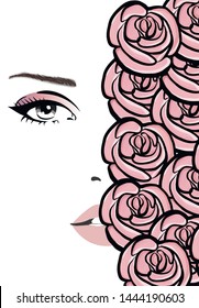 Beautiful woman portrait beauty skincare concept with roses on face. Hand drawn vector fashion illustration in pink color. Glamour Female portrait of magic floral fairy. Beauty, fashion, design.