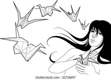 Beautiful woman portrait with bird origami, isolated over white