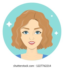 Beautiful woman portrait with curly hair. Blonde female character with makeup. Idea of fashion lifestyle and glamour. Isolated vector illustration