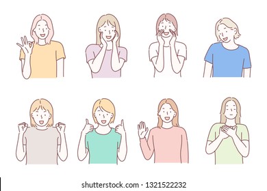 Beautiful woman portrait with different facial expressions set isolated on white background. Young girl smiling, happy,  kind, greeting emotion face vector character.Hand drawn style vector design.