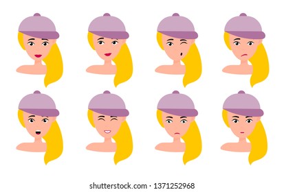 Beautiful woman portrait with different facial expressions set isolated. Young girl smiling, surprised, happy, smiling, idea, kind, angry, greeting emotion face vector character. Blond in hat