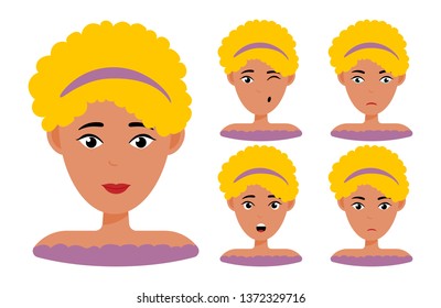 Beautiful woman portrait with different facial expressions set isolated. Young girl smiling, surprised, happy, smiling, idea, kind, angry, greeting emotion face vector character. Blond curly-haired