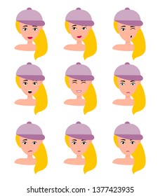Beautiful woman portrait with different facial expressions set isolated. Young girl smiling, surprised, happy, smiling, idea, kind, angry, greeting emotion face vector character. Blond in hat