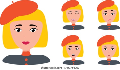Beautiful woman portrait with different facial expressions set isolated. Blond frenchwoman in red hat. Female cartoon face