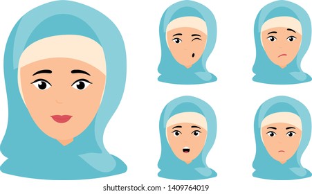 Beautiful woman portrait with different facial expressions set isolated. Isolated vector illustration Muslim woman in cartoon style