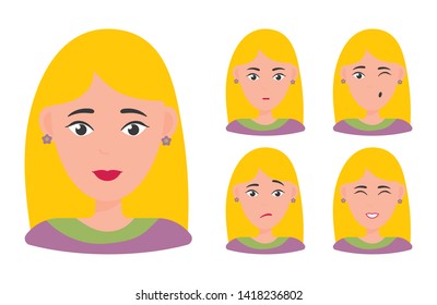 Beautiful woman portrait with different facial expressions set isolated. Blond frenchwoman. Female cartoon face. Vector Illustration
