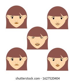 Beautiful woman portrait with different facial expressions set isolated. Brunette girl with red lips. Female cartoon face