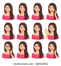 Beautiful Woman Portrait With Different Facial Expressions Set Isolated On White Background. Young Girl Smiling, Surprised, Happy, Smiling, Idea, Kind, Angry, Greeting Emotion Face Vector Character.