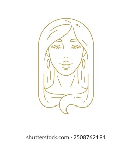 Retrato de mulher bonita em brincos com cabelo longo ilustração vetor ícone de arte de linha de ouro mínimo. Moda feminina rosto elegante luxo modelo insígnias para salão de beleza penteado marca de estúdio